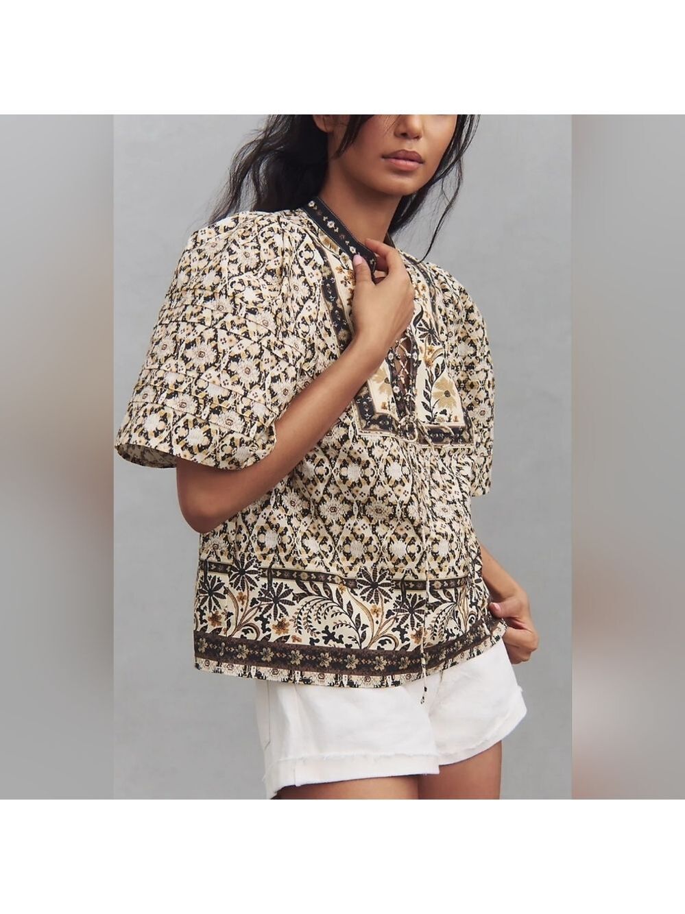 By Anthropologie Pleated Puff-Sleeve Cropped Blouse M Geometric Black Motif
